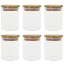 Kit com 6 Potes de Vidro Porta Mantimento Hermético com Tampa de Bambu 200ml
