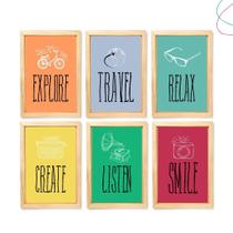 Kit com 6 Quadros Decorativos Travel, Smile, Explore, Create
