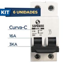 Kit Com 6 Soprano Disjuntor Din Bifásico Curva-c 16a 3ka Shb2-c016a