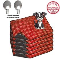 Kit com 6 Tapetes Higiênicos 100x70 Ossinho Vermelho c/Ganchos - 300 Lavagens p/cães - Alta Absorção