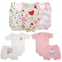 Kit Com 7 Peças Body Regatas e Conjunto Shorts Roupas Bebê