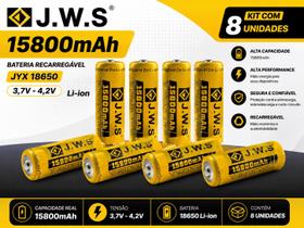 KIT COM 8 BATERIAS RECARREGÁVEIS J.W.S 18650 3,7V 4,2V 15800mAh KIT COM 8 BATERIAS RECARREGÁVEIS J.W.S 18650 3,7V 4,2V 15800mAh