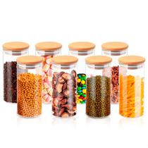 Kit com 8 Potes 400ml de Vidro Herméticos Organizadores de Cozinha Tampa Bambu Etiqueta e Caneta