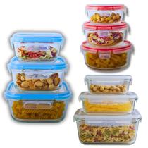 Kit com 9 Potes de Vidro Hermético 4 Travas Anel de Vedação Premium Escolha Azul, Vermelho ou Transparente