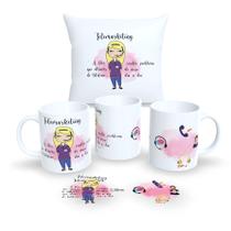 Kit Com Almofada 30x30cm e Caneca de Porcelana Profissões Fofas