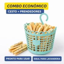 Kit Com até 60 Unidades Prendedor de Roupa Madeira Com 1 Cesto Porta Pregador de Plástico Varal Kit Com até 60 Unidades Prendedor de Roupa Madeira Com 1 Cesto Porta Pregador de Plástico Varal
