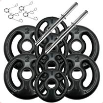 Kit com Barras de Halteres e Anilhas Emborrachadas Preta - 12 Kg