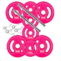 Kit com Barras de Halteres e Anilhas Emborrachadas Rosa - 12 Kg Kit com Barras de Halteres e Anilhas Emborrachadas Rosa - 12 Kg