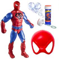 Kit com Boneco 40cm Articulado Máscara Infantil e Tubo de Bolhas Homem Aranha - Brinquemix