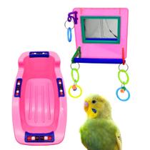 Kit com Brinquedo Espelho Multiplay com Poleiro e Banheira com Missanga Rosa para Pássaros Calopsitas Periquitos Ring Necks Aves