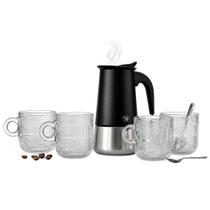 Kit com Cafeteira Italiana Alumínio 300ml e Xícaras de Vidro 100ml 5 Peças para Café