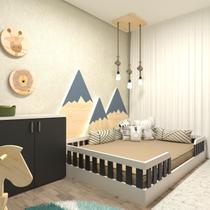 Kit com Cama Casal Infantil e Armário Baixo Montessoriano Branco/Preto Kit com Cama Casal Infantil e Armário Baixo Montessoriano Branco/Preto