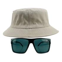 Kit Com Chapéu Bucket Hat, Óculos de Sol Retangular Com Proteção Uv400 Masculino Espelhado Armação Fosca Preto MD-40 - Odell Vendas OnLine