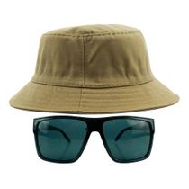 Kit Com Chapéu Bucket Hat, Óculos de Sol Retangular Com Proteção Uv400 Masculino Espelhado Armação Fosca Preto MD-40 - Odell Vendas OnLine