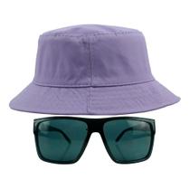 Kit Com Chapéu Bucket Hat, Óculos de Sol Retangular Com Proteção Uv400 Masculino Espelhado Armação Fosca Preto MD-40
