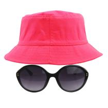 Kit Com Chapéu Bucket Hat, Óculos Redondo De Sol Feminino Adulto Com Proteção UV 400 Estiloso Sol Meia Estação - MD-27