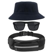 Kit Com Chapéu Bucket Hat, Pochete Ajustável Impermeável Saída Para Fone E Oculos De Sol