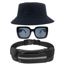 Kit Com Chapéu Bucket Hat, Pochete Ajustável Saída Para Fone E Óculos De Sol Feminino Com Design Quadrado Vintage MD-16