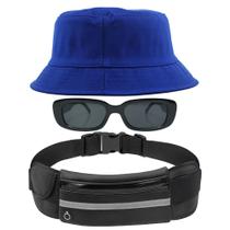Kit Com Chapéu Bucket Hat, Pochete Ajustável Saída Para Fone E Oculos De Sol Vintage Com Armação Quadrado Proteção MD-06 - Odell Vendas OnLine