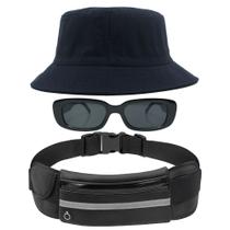 Kit Com Chapéu Bucket Hat, Pochete Ajustável Saída Para Fone E Oculos De Sol Vintage Com Armação Quadrado Proteção MD-06 - Odell Vendas OnLine