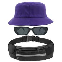 Kit Com Chapéu Bucket Hat, Pochete Ajustável Saída Para Fone E Oculos De Sol Vintage Com Armação Quadrado Proteção MD-06