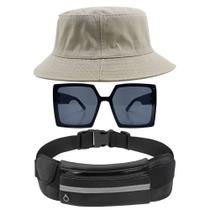 Kit Com Chapéu Bucket Hat, Pochete Impermeável Saída Para Fone E Óculos Feminino De Sol Quadrado Armação Grande MD-12