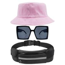Kit Com Chapéu Bucket Hat, Pochete Impermeável Saída Para Fone E Óculos Feminino De Sol Quadrado Armação Grande MD-12