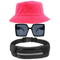 Kit Com Chapéu Bucket Hat, Pochete Impermeável Saída Para Fone E Óculos Feminino De Sol Quadrado Armação Grande MD-12