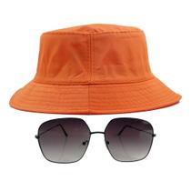 Kit Com Chapéu Bucket, Óculos de Sol Geométrico Com Armação Metálica Com Proteção Uv400 Lente Degrade, Estiloso - MD-42