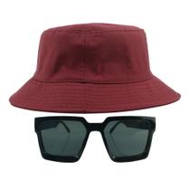 Kit Com Chapéu Bucket, Óculos de Sol Geométrico Com Armação Quadrada Com Proteção Solar Uv400 Lente Escura Fashion MD-43