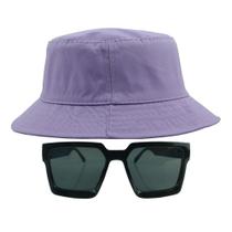 Kit Com Chapéu Bucket, Óculos de Sol Geométrico Com Armação Quadrada Com Proteção Solar Uv400 Lente Escura Fashion MD-43