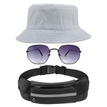 Kit Com Chapéu Bucket, Óculos De Sol Hexagonal Masculino E Feminino Com Proteção Uv400 E Pochete Esporte Compacto MD-04