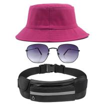 Kit Com Chapéu Bucket, Óculos De Sol Hexagonal Masculino E Feminino Com Proteção Uv400 E Pochete Esporte Compacto MD-04