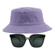 Kit Com Chapéu Bucket, Óculos de Sol Quadrado Gatinho Com Armação Transparente Proteção Uv400 Feminino Estiloso MD-33