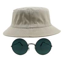 Kit Com Chapéu Bucket, Óculos de Sol Redondo Com Armação De Metal Grande Cores Com Proteção Uv400 Retro Moda Rock MD-30