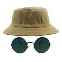 Kit Com Chapéu Bucket, Óculos de Sol Redondo Com Armação De Metal Grande Cores Com Proteção Uv400 Retro Moda Rock MD-30