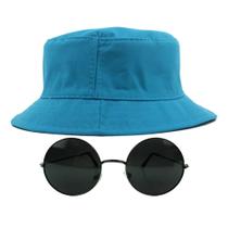Kit Com Chapéu Bucket, Óculos de Sol Redondo Lente Escura Com Armação Metálica Com Proteção Uv400, Estiloso Rock MD-26