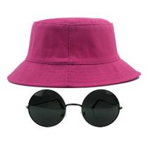 Kit Com Chapéu Bucket, Óculos de Sol Redondo Lente Escura Com Armação Metálica Com Proteção Uv400, Estiloso Rock MD-26
