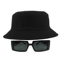 Kit Com Chapéu Bucket, Óculos de Sol Retangular Estreito Com Armação Grossa Geométrica Com Proteção Uv400 Fashion MD-32