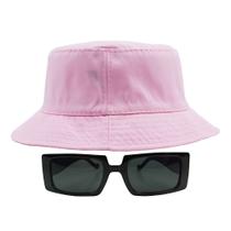 Kit Com Chapéu Bucket, Óculos de Sol Retangular Estreito Com Armação Grossa Geométrica Com Proteção Uv400 Fashion MD-32