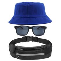 Kit Com Chapéu Bucket, Pochete Ajustável Impermeável Saída Para Fone E Óculos De Sol Bambu Madeira Proteção UV400 MD-05