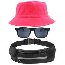 Kit Com Chapéu Bucket, Pochete Ajustável Impermeável Saída Para Fone E Óculos De Sol Bambu Madeira Proteção UV400 MD-05
