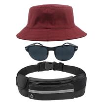 Kit Com Chapéu Bucket, Pochete Ajustável Impermeável Saída Para Fone E Oculos De Sol Óculos De Sol Armação Oval MD-13 - Odell Vendas OnLine