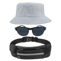 Kit Com Chapéu Bucket, Pochete Ajustável Impermeável Saída Para Fone E Oculos De Sol Óculos De Sol Armação Oval MD-13