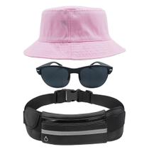 Kit Com Chapéu Bucket, Pochete Ajustável Impermeável Saída Para Fone E Oculos De Sol Óculos De Sol Armação Oval MD-13