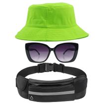 Kit Com Chapéu Bucket, Pochete Ajustável Saída Para Fone E Óculos De Sol Oval Feminino Olho de Gato Cat Proteção - MD-07