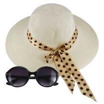 Kit Com Chapéu De Praia De Palha E Oculos de Sol Feminino - Primavera Verão