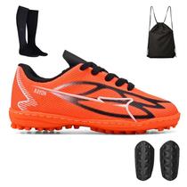 Kit com Chuteira Infantil Meninos Sintética Society + Mochila Bag + Meião e Caneleira