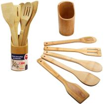 Kit com colher / espatula / espatula de pao duro + suporte de bambu 6 pecas - DOLCE HOME