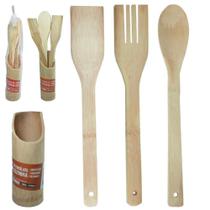 Kit Com Colher / Espatula / Garfo + Suporte De Bambu - Onyx Comercio